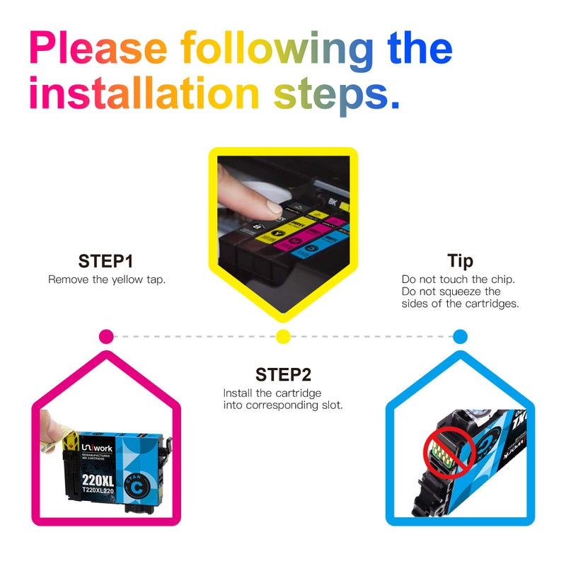 Uniwork Remanufactured 220 220XL Ink Cartridge Replacement for Epson 220XL use for Workforce WF-2760 WF-2750 WF-2630 WF-2650 WF-2660 XP-320 XP-420 Printer (1 Black 1 Cyan 1 Magenta 1 Yellow), 4 Pack - Image 4